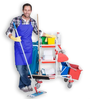 Smiling Janitor With Cleaning Cartand Mop PNG Image