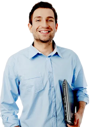 Smiling Man Holding Laptop PNG Image