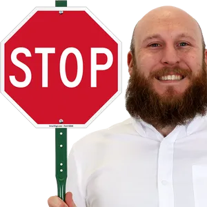 Smiling Man Holding Stop Sign PNG Image