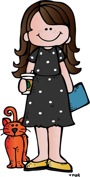 Smiling Teacher With Coffee And Red Cat Clipart PNG Image