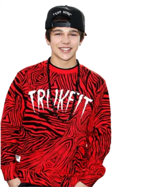 Smiling Teenin Red Zebra Print Shirt PNG Image