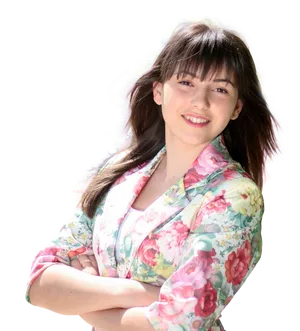 Smiling Woman Floral Blazer PNG Image