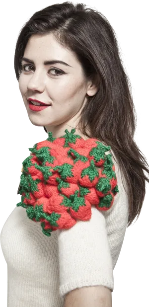 Smiling Woman Red Lipstick Crochet Top PNG Image