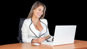 Smiling Woman Shopping Online Office Setting PNG with transparent background