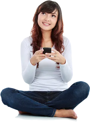 Smiling Woman Sitting With Phone PNG Image