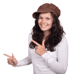 Smiling Womanin Hat Pointing PNG image with transparent background
