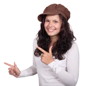 Smiling Womanin Hat Pointing PNG Image