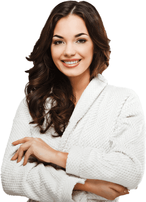 Smiling Womanin White Spa Robe PNG image with transparent background