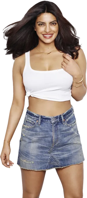 Smiling Womanin White Topand Denim Skirt PNG Image