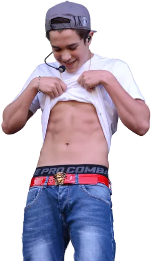 Smiling Young Man Lifting Shirt PNG Image