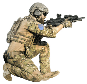 Soldierin Combat Gear Kneelingwith Rifle PNG image with transparent background