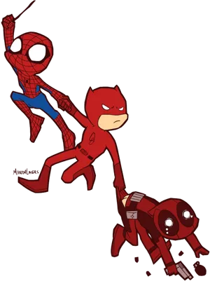 Spiderman Daredevil Deadpool Cartoon Crossover PNG Image