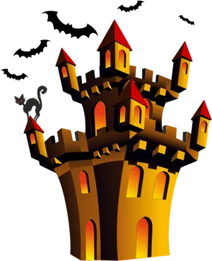 Spooky Castlewith Batsand Cat PNG Image