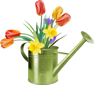 Spring Flowersin Watering Can PNG Image