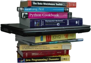 Stacked Booksand Laptop PNG Image