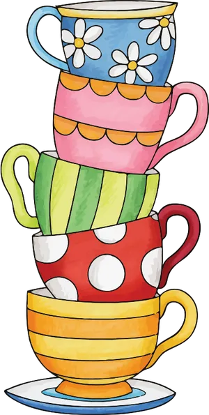 Stacked Teacups Colorful Patterns.png PNG Image