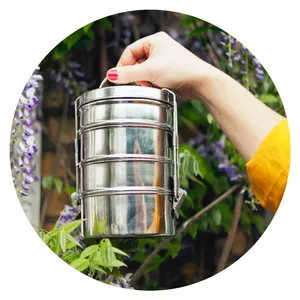 Stainless Steel Tiffin Box Held Up PNG Image