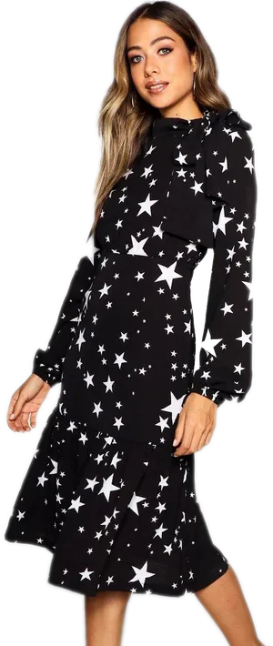 Star Patterned Black Dress Model Pose PNG Image