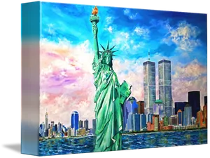 Statueof Libertyand Twin Towers Canvas Art PNG Image