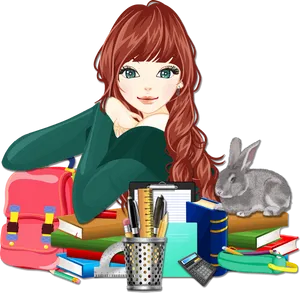 Student With Books And Pet Rabbit PNG Image