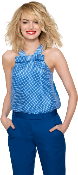 Stylish Blonde Womanin Blue Outfit.png PNG Image