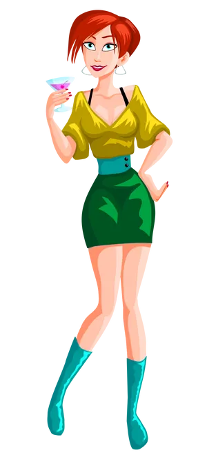 Stylish Cartoon Womanwith Cocktail PNG Image