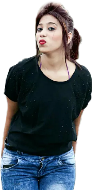 Stylish Girl Black Top Jeans Pose PNG Image