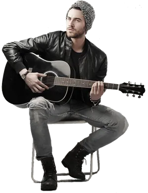 Stylish Guitarist Posingwith Acoustic Guitar PNG Image