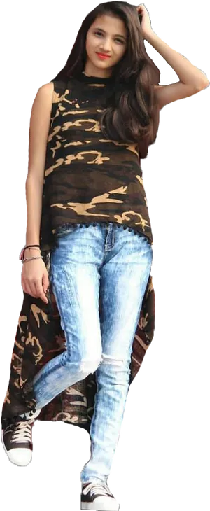 Stylish Indian Girlin Camouflage Top PNG Image