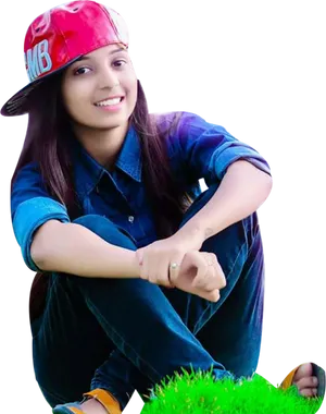 Stylish Indian Girlin Capand Denim PNG Image