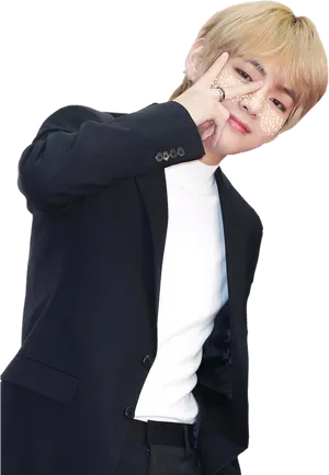 Stylish_ Man_ Peace_ Sign_ Gesture_ Black_ Suit PNG Image