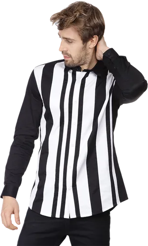 Stylish Manin Blackand White Striped Shirt PNG Image