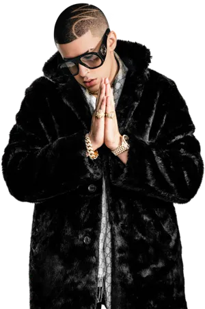 Stylish Manin Fur Coatand Sunglasses PNG Image