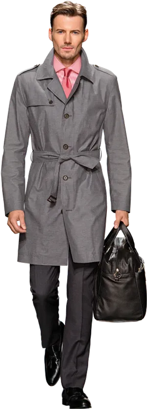 Stylish Manin Gray Trench Coat PNG Image