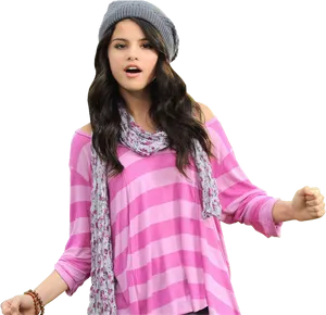 Stylish Teen Girlin Pink Striped Topand Beanie PNG Image