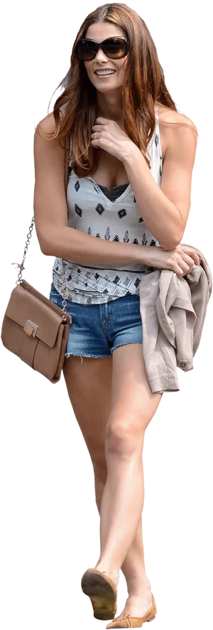 Stylish Woman Walking Casually Summer Outfit PNG Image