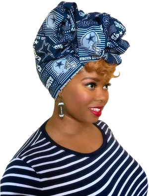 Stylish Woman Wearing Blue Head Bandana PNG Image