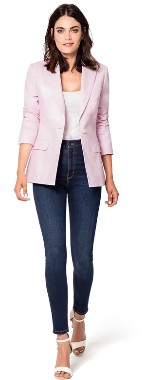 Stylish Womanin Pink Blazerand Jeans PNG Image