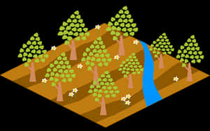Stylized Farm Orchard River Illustration PNG with transparent background