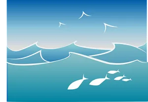 Stylized Ocean Wavesand Fish Illustration PNG Image