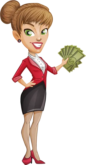 Successful Businesswoman Holding Money Cartoon PNG Image