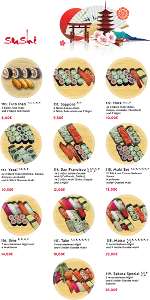 Sushi Menu Selections PNG Image