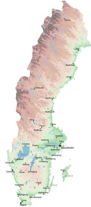 Sweden Topographic Mapwith Cities PNG Image