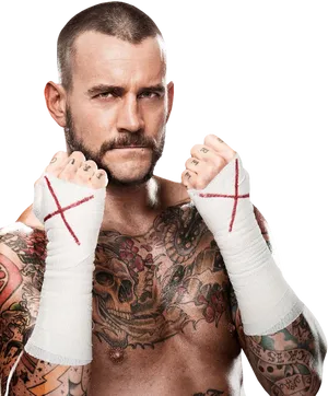 Tattooed Fighter Raising Fists PNG Image