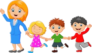 Teacher_and_ Students_ Holding_ Hands_ Cartoon PNG Image