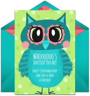 Teal Owl Birthday Invitation PNG Image