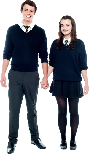 Teenage Couple Holding Hands In School Uniforms.png PNG Image