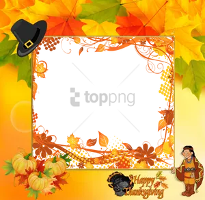 Thanksgiving Autumn Leaves Frame Pilgrim Character PNG Image