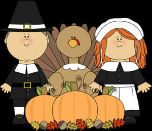 Thanksgiving Pilgrimsand Turkey Cartoon PNG image with transparent background