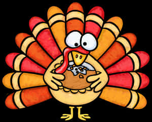 Thanksgiving Turkey Cartoon Holding Pie PNG image with transparent background